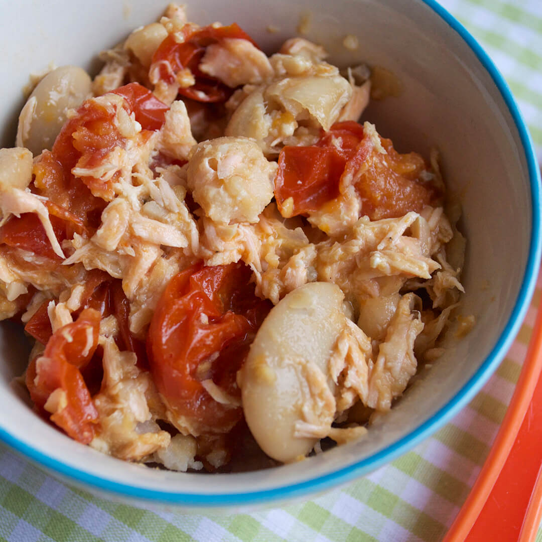 A bowl of Salmon, Butter Beans & Tomatoes