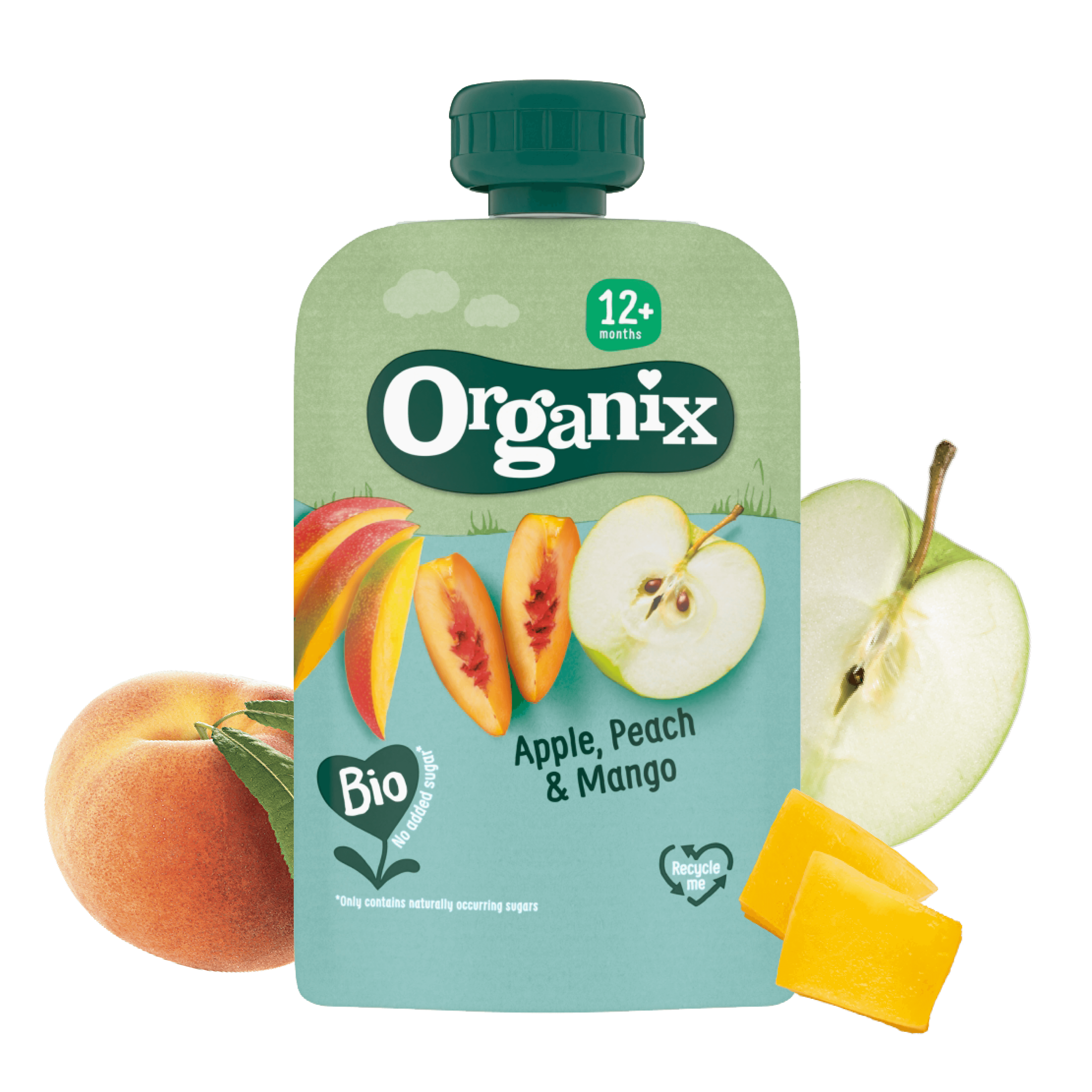 An Apple, Peach and Mango pouch with ingredients around including fresh apple and peach.