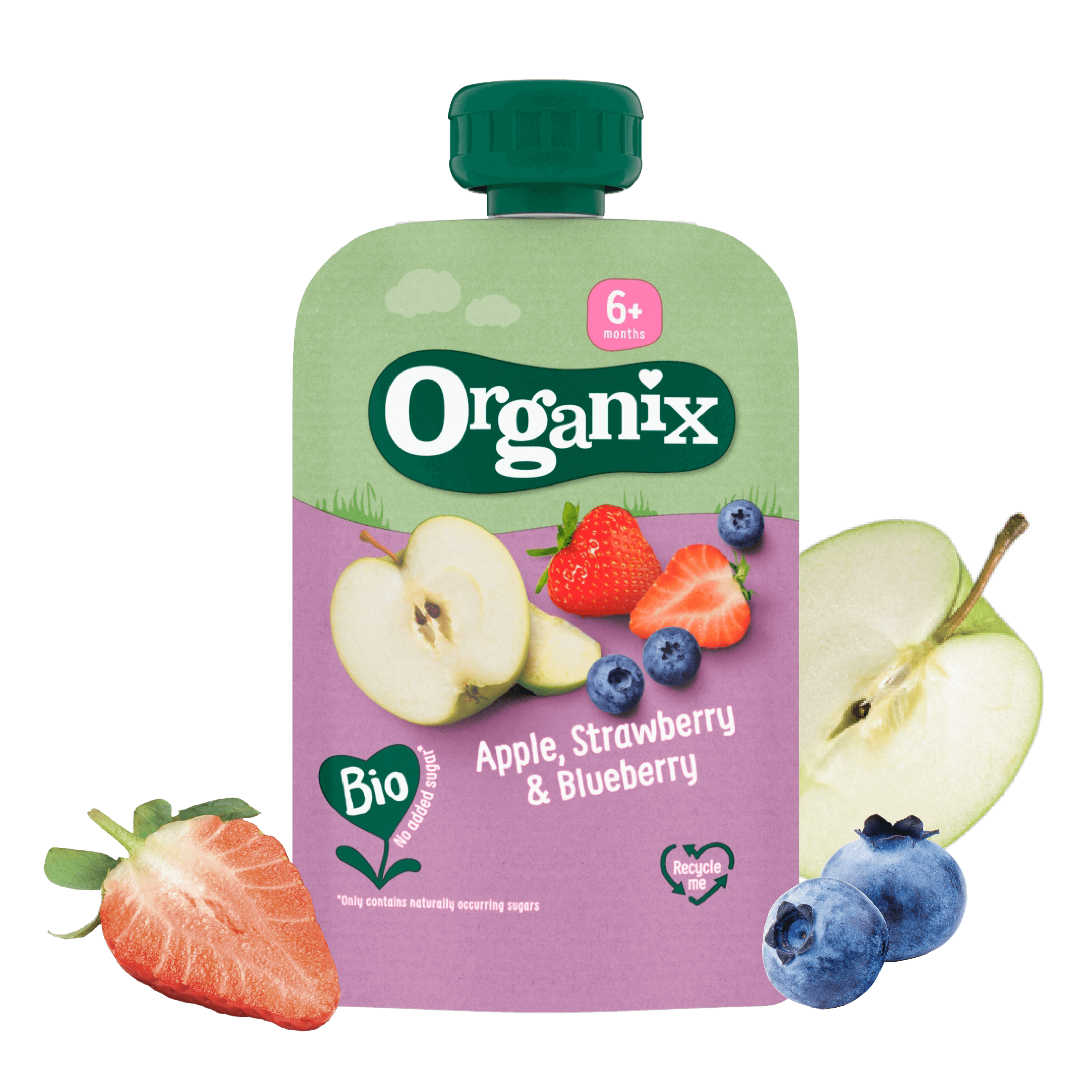 A Apple, Strawberry and Blueberry pouch with ingredients around including fresh apple and strawberry.