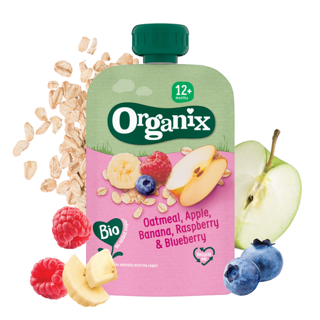 A Oatmeal, Apple, Banana, Raspberry an Blackberry pouch with ingredients around including fresh apple and oats.